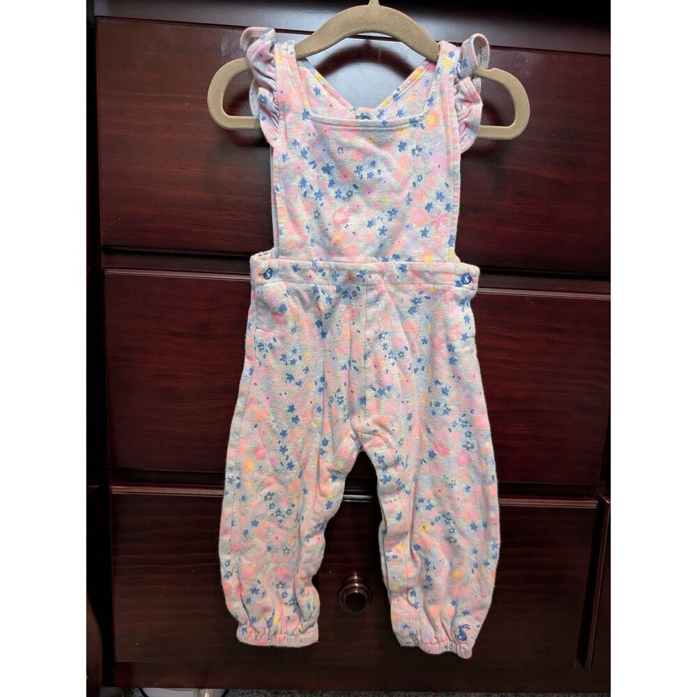 Joules Gray Floral Overalls with Ruffle Sleeves 9-12 M